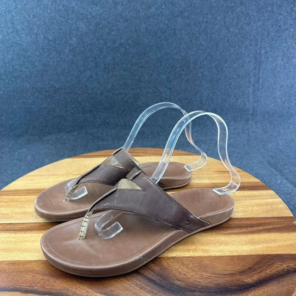OluKai LALA Brown Leather Thong Flip Flops Slide Sandals Women's Size US 8